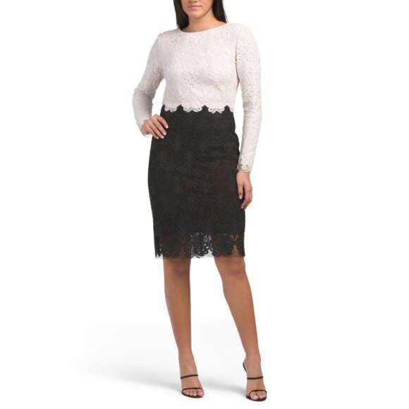 TADASHI SHOJI Ivory/Black Two Tone Long Sleeve Cocktail Dress